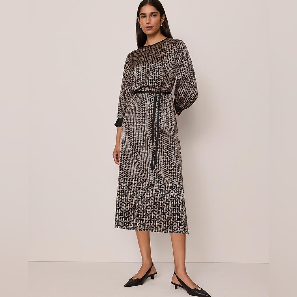 NWT Ann Taylor Chain Link Print Midi Long Sleeves Dress Size 18 In Black